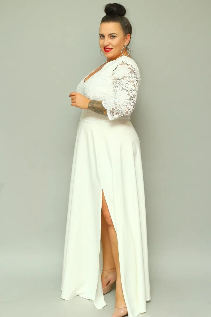 Sukienka Caterina maxi wieczorowa rozkloszowana ekskluzywna dekolt serek koronka ecru kwiatki ŚLUB POPRAWINY