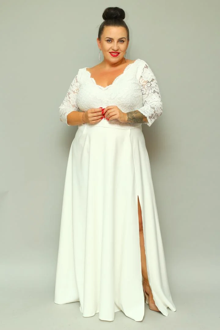 Sukienka Caterina maxi wieczorowa rozkloszowana ekskluzywna dekolt serek koronka ecru kwiatki ŚLUB POPRAWINY