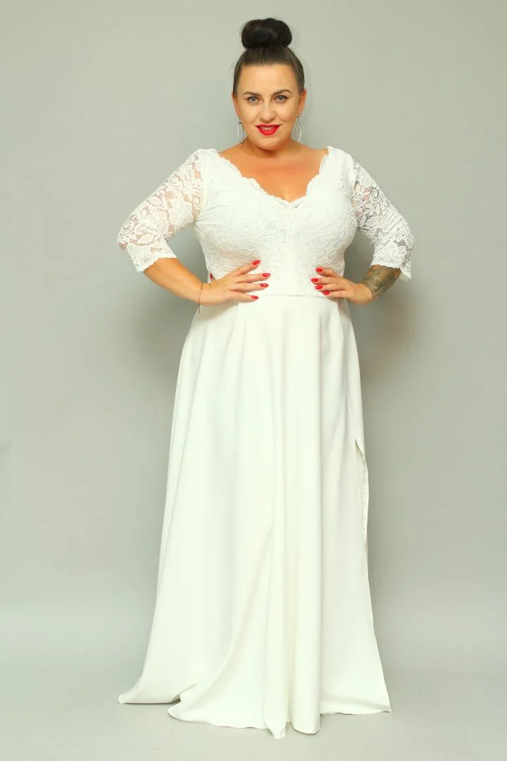 Sukienka Caterina maxi wieczorowa rozkloszowana ekskluzywna dekolt serek koronka ecru kwiatki ŚLUB POPRAWINY