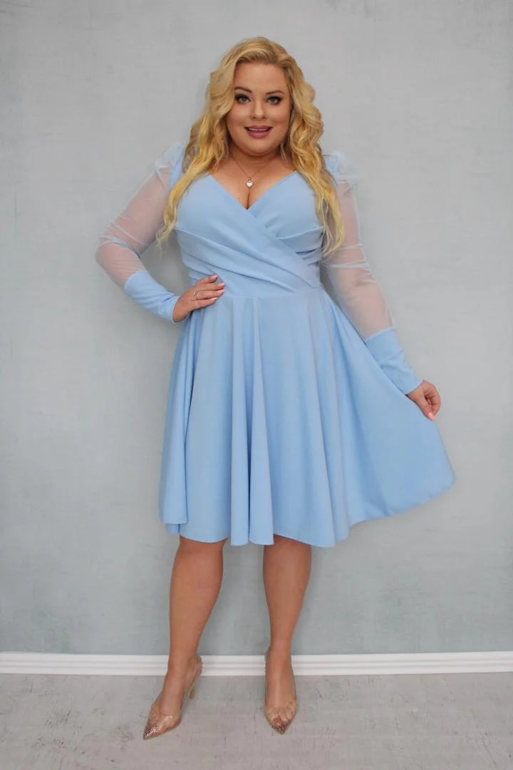 Sukienka Jessica rozkloszowana rękawy z tiulu bufki błękitna