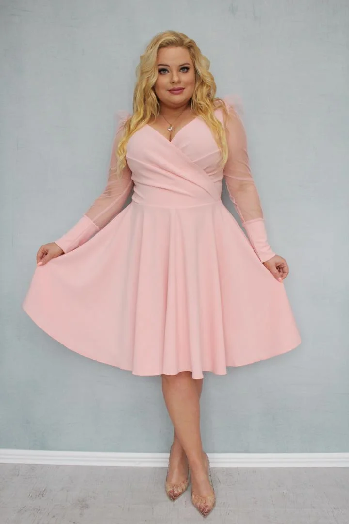 Sukienka Jessica rozkloszowana rękawy z tiulu bufki pastelowy róż