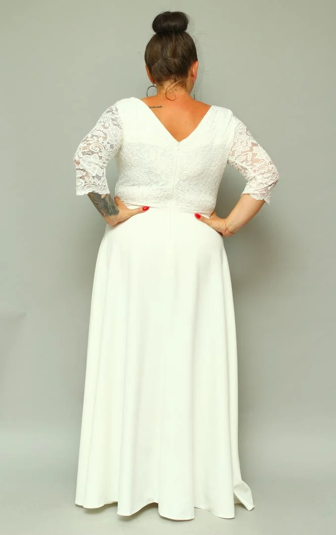 Sukienka Caterina maxi wieczorowa rozkloszowana ekskluzywna dekolt serek koronka ecru kwiatki ŚLUB POPRAWINY