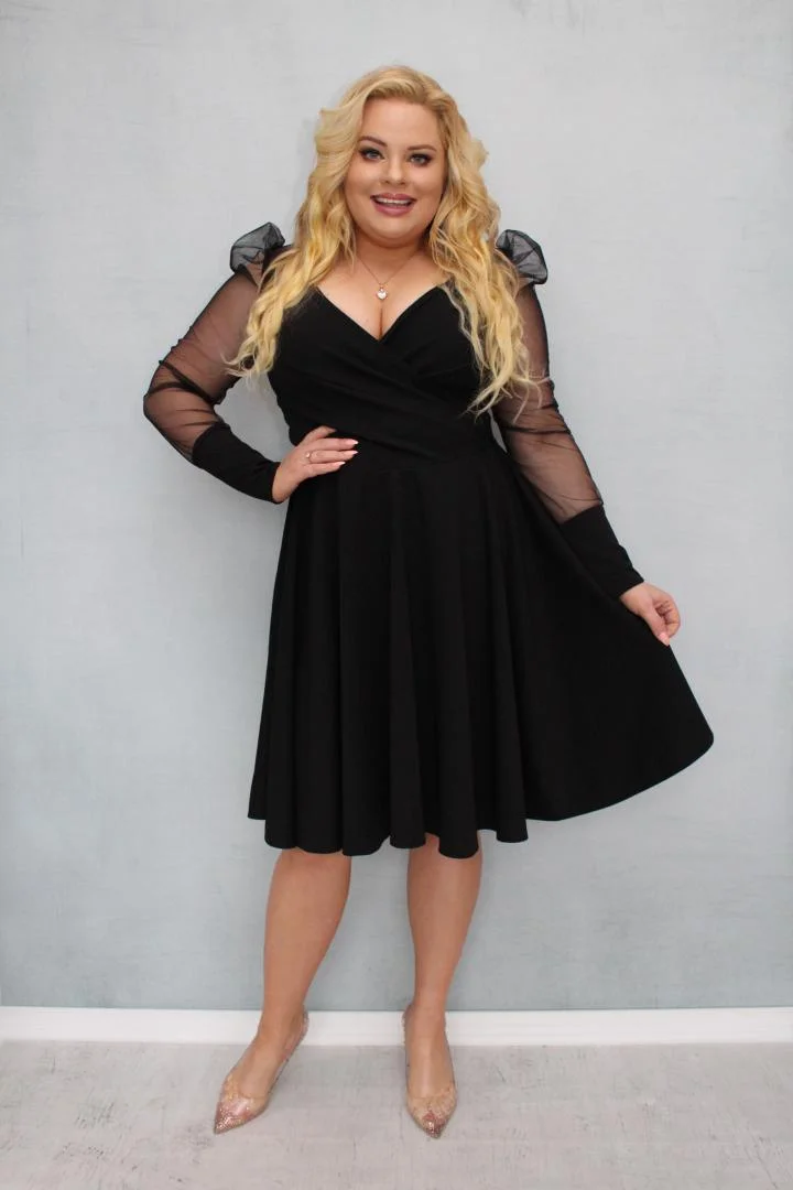 Sukienka Jessica rozkloszowana rękawy z tiulu bufki czarna