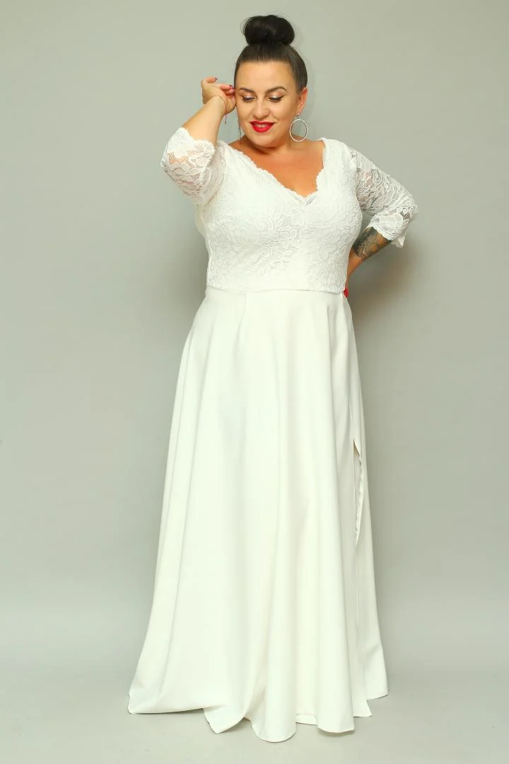 Sukienka Caterina maxi wieczorowa rozkloszowana ekskluzywna dekolt serek koronka ecru kwiatki ŚLUB POPRAWINY